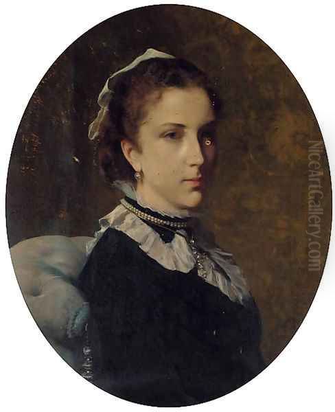 Portrait of Edith Sancroft-Kohnes, bust-length, in a black dress with grey collar Oil Painting by Federico Andreotti