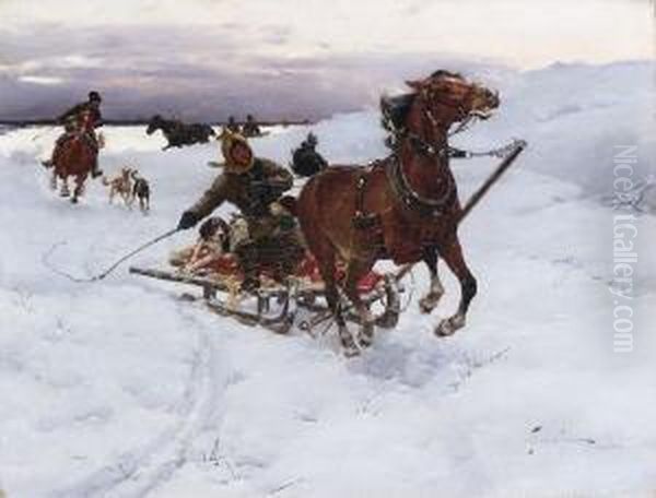 Winterliche
 Schlittenfahrt. Oil Painting by Stanislaw Ksawery Szykier (Siekierz)