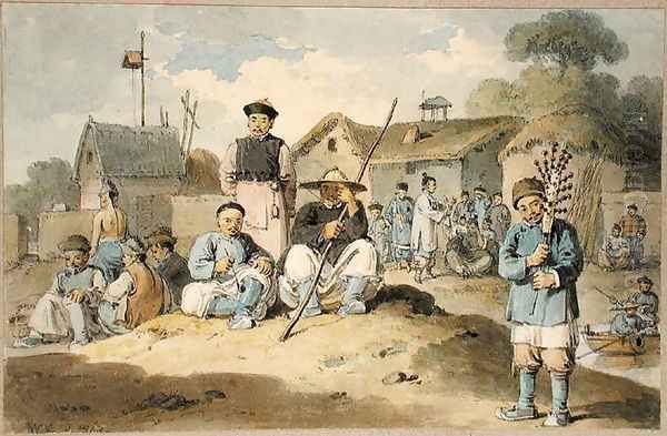 A group of Chinese on the bank of a river, watching the Earl Macartney's Embassy pass, 1793 Oil Painting by William Alexander