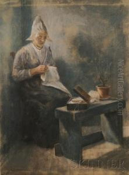 The Fishers Wife Handworking Oil Painting by Jacob Taanmann