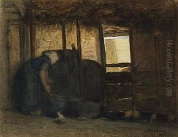 Feeding In The Stables Oil Painting by Jacob Taanmann