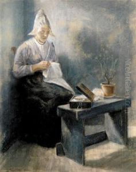 The Fisherman Wife Handworking Oil Painting by Jacob Taanmann