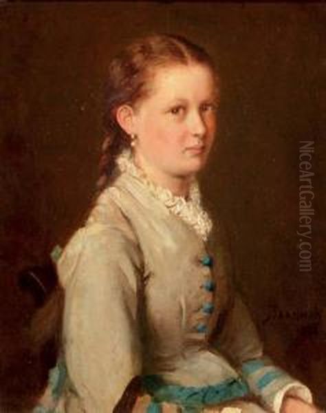 Portrait Of A Girl In A Blue And White Dress Oil Painting by Jacob Taanmann