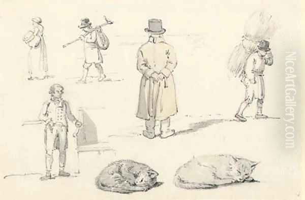 A sheet of figure and animals studies, including a man looking over a wall and cats sleeping Oil Painting by William Alexander