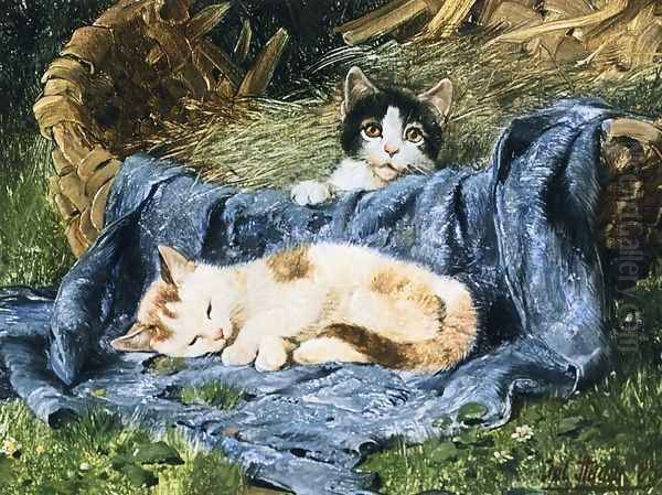 Two Kittens Oil Painting by Julius Adam