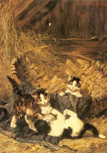 Playful Kittens in a Basket Oil Painting by Julius Adam