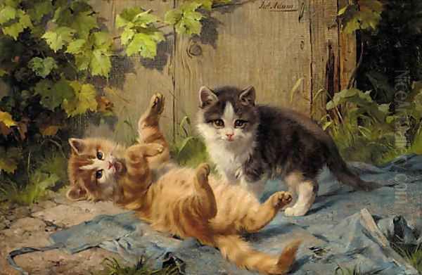 Kittens at play Oil Painting by Julius Adam