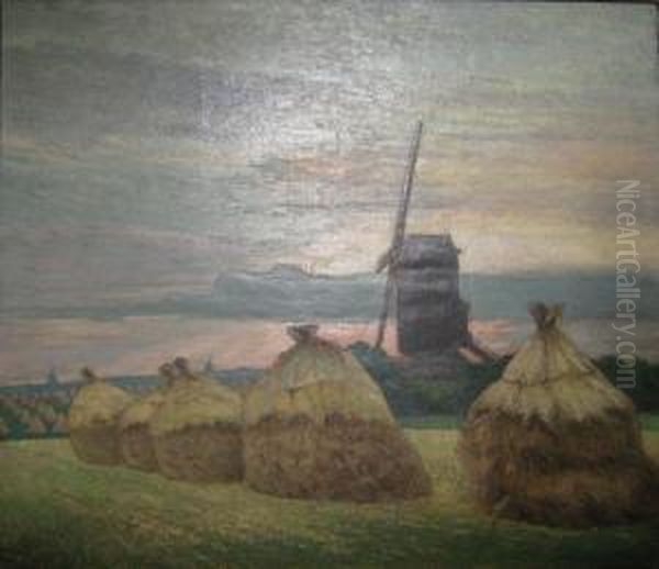 Molen En Korenschoven In Een Zomerlandschap Oil Painting by Lodewijk Taeymans