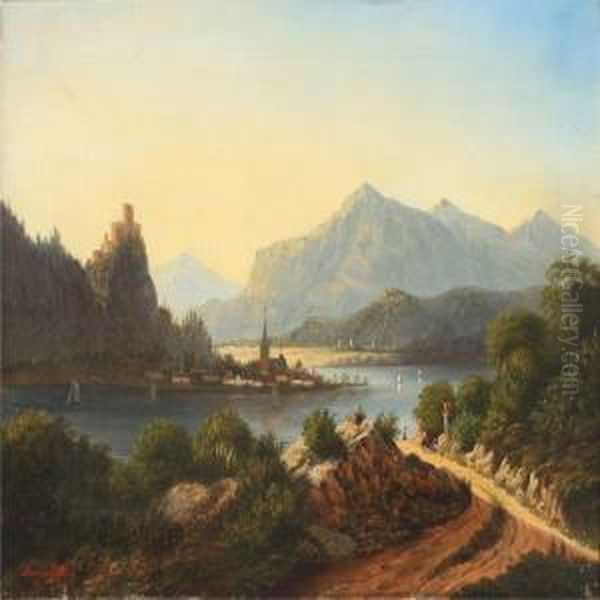 Swiss Mountainscape With Village And Sailing Boats On The River Oil Painting by Andrea Taftrup