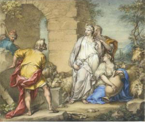 The Meeting Of Jacob And Rachel At The Well Oil Painting by Santino Tagliafichi