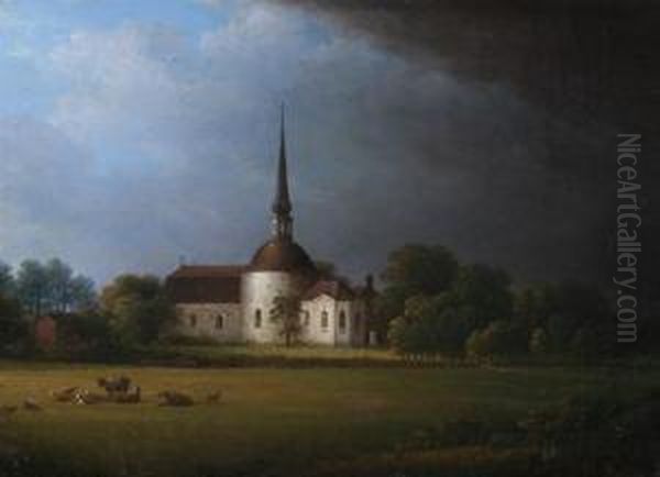 Abbey Church In Pastoral Landscape Oil Painting by E. Tahlerantz