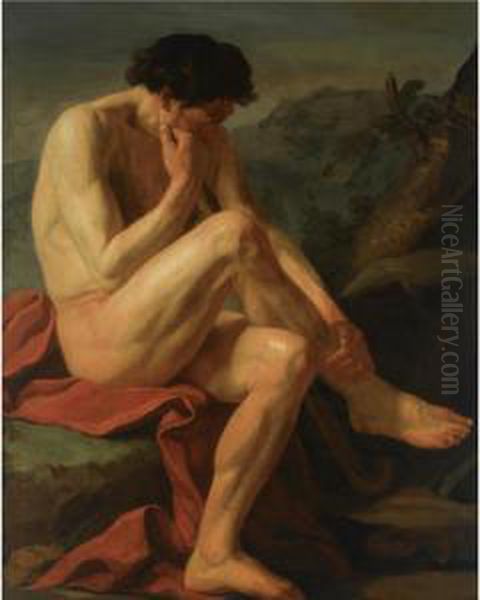 A Naked Man Sitting In A Landscape Oil Painting by Jean-Joseph Taillasson