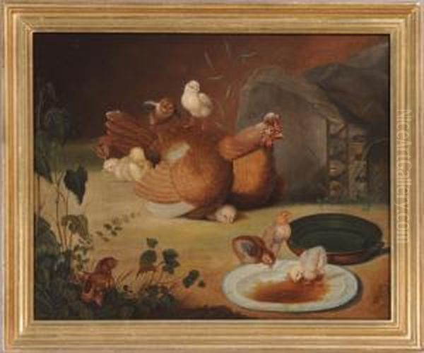 Hen & Chickens Oil Painting by Arthur Fitzwilliam Tait