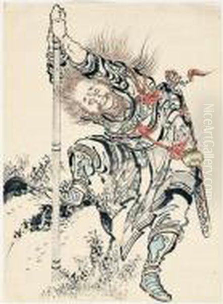 Dessin: Guerrier Chinois Plantant Une Lance Oil Painting by Katsushika Ii Taito