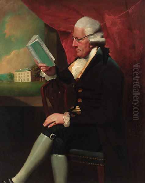 Portrait of Edward Cotsford, seated three-quarter-length, in a dark brown jacket and breeches, holding a book by a window Oil Painting by Lemuel-Francis Abbott