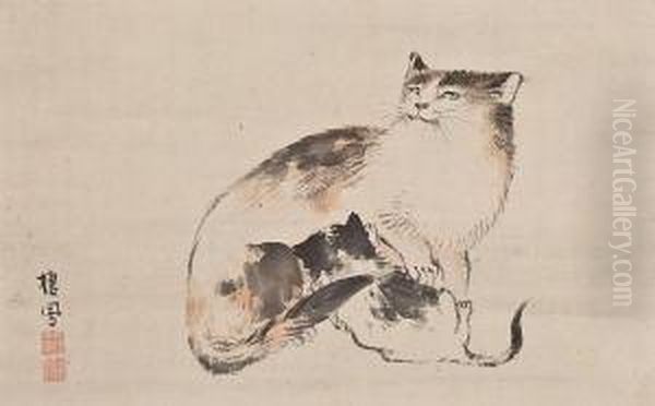 Cat And Kitten Oil Painting by Seiho Takeuchi