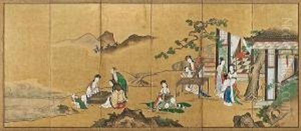 Chinese Scholars And Beauties Oil Painting by Kano Katsuyama Takushu