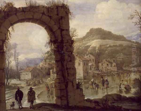 Winter Scene with an Arch Oil Painting by AB. C.