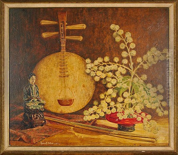 Still Life With Flowering Plant, Bamboo Shoots, Buddhist Sculpture And An Asian Stringed Instrument Oil Painting by Hattie Crippen Talbot