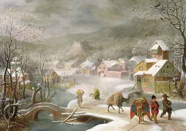 A Winter Landscape with Travellers on a Path Oil Painting by Denys Van Alsloot