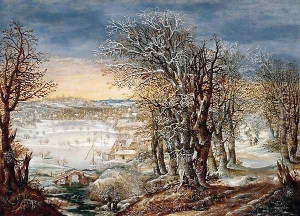 Winter Landscape in the Fôret de Soignes, with the Flight Into Egypt Oil Painting by Denys Van Alsloot