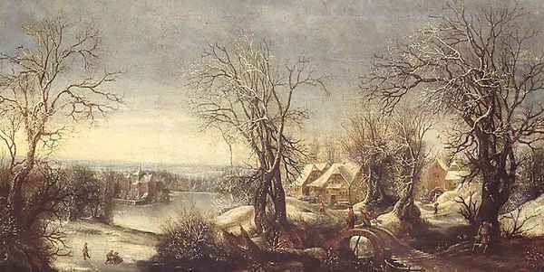 An extensive wooded landscape in winter with skaters on a frozen waterway, a pilgrim and shrine beyond Oil Painting by Denys Van Alsloot