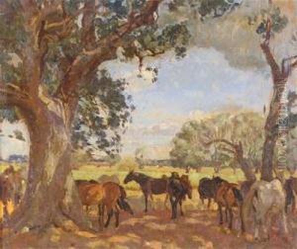 Horses In The Shade Of The Trees Oil Painting by Algernon Talmage