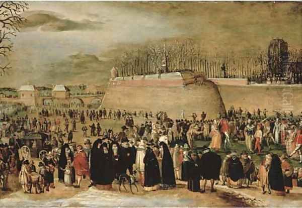 A winter carnival with figures on the ice before the Kipdorppoort Bastion in Antwerp Oil Painting by Denys Van Alsloot