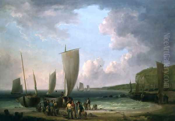 A coastal landscape with fishermen unloading Oil Painting by William Anderson