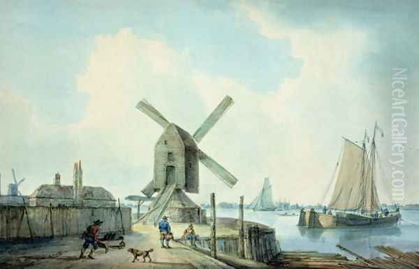 A Shore Scene with Windmills and Shipping Oil Painting by William Anderson