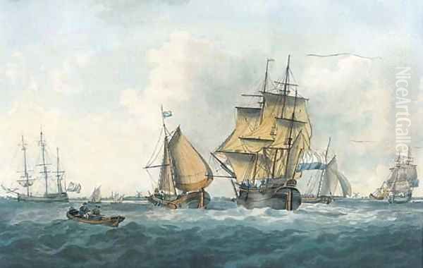 Dutch traders and barges off the Low Countries Oil Painting by William Anderson