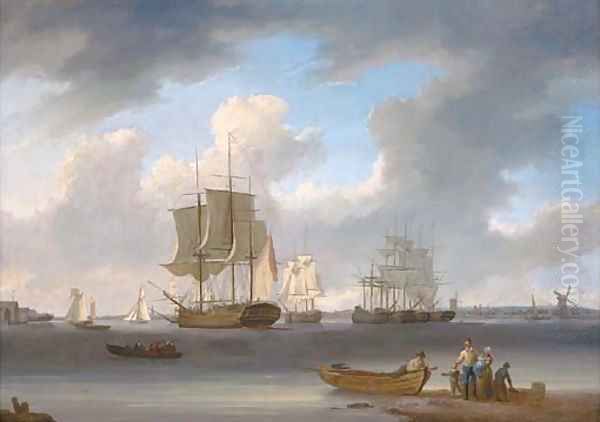 A three-master and other ships on the Thames at Millwall, with colliers moored in the middle of the river Oil Painting by William Anderson