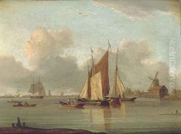 Barges in a calm on the estuary with a trading brig beyond Oil Painting by William Anderson