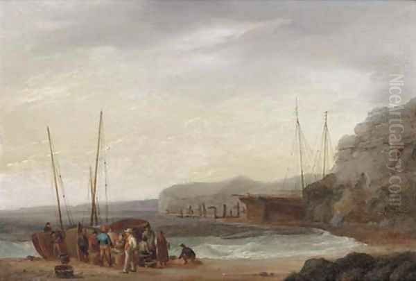 Beach scene with boats and figures Oil Painting by William Anderson