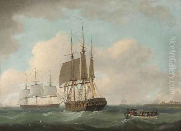 English frigates hove-to off a port, with officers being rowed ashore Oil Painting by William Anderson