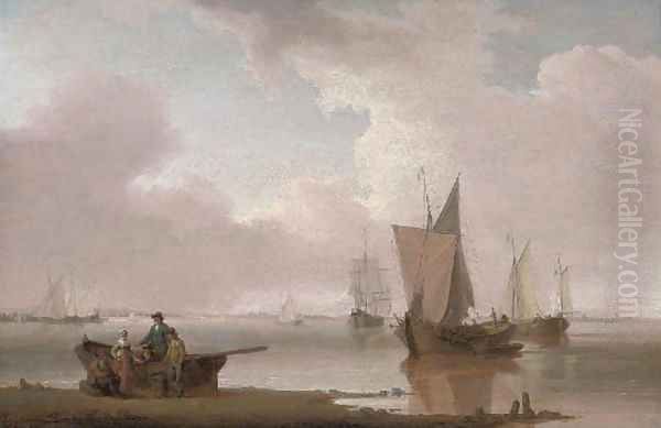 Small traders in a calm on an estuary, with fisherfolk in the foreground Oil Painting by William Anderson