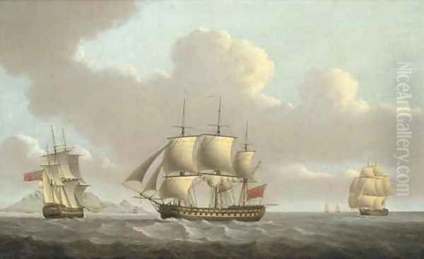 A 74 gun third rate in two positions off Table Bay, Cape of Good Hope, with Table Mountain in the distance Oil Painting by William Anderson