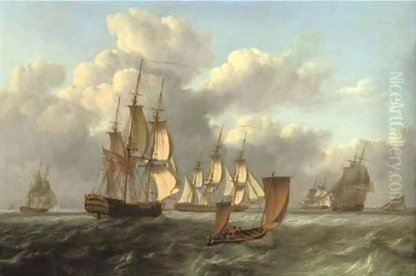 A squadron of frigates arriving at a rendezvous with a lugger passing them Oil Painting by William Anderson