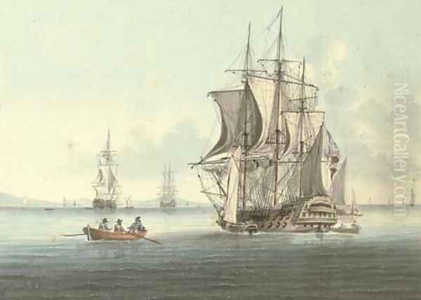 A two-decker lying at anchor, drying her sails as she takes on stores Oil Painting by William Anderson