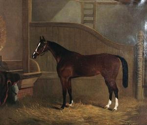 'violet' - A Chestnut Horse Standing In Astable Oil Painting by C. Tanner