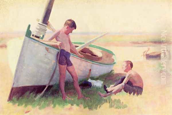 Two Boys by a Boat - Near Cape May Oil Painting by Thomas Anshutz