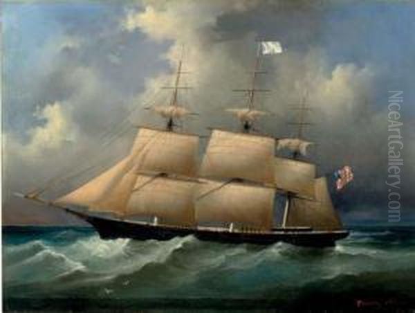 Portrait Of An American Bark At Sea Oil Painting by Philippe Tanneur