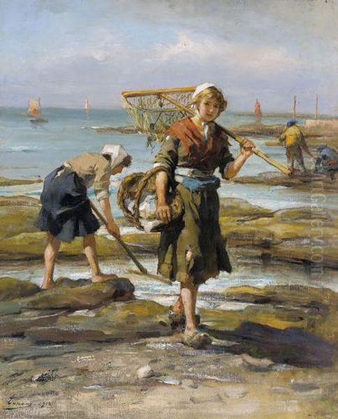 Kustenpartie Mit Junger Muschelsammlerin Oil Painting by Henri Adriene Tanoux