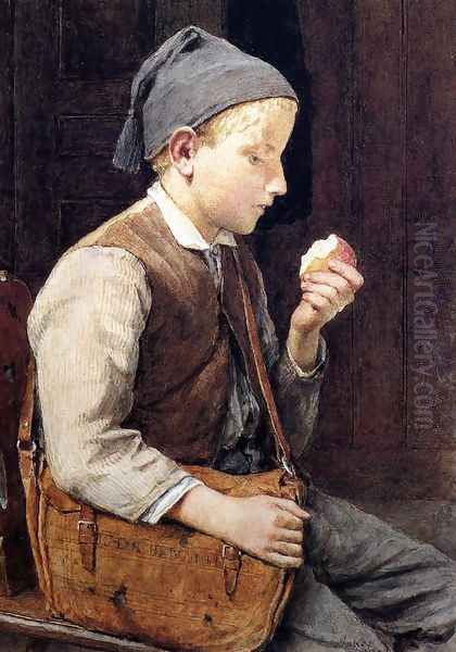 Boy Eating an Apple Oil Painting by Albert Anker