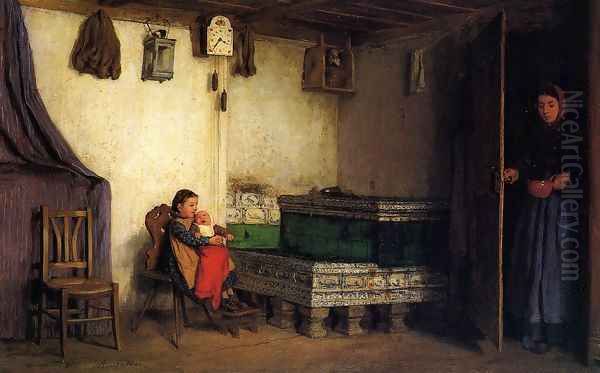 An Interior with Mother and Children Oil Painting by Albert Anker