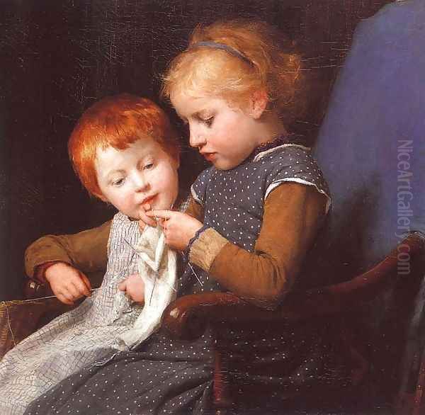 The Little Knitters, 1892 Oil Painting by Albert Anker