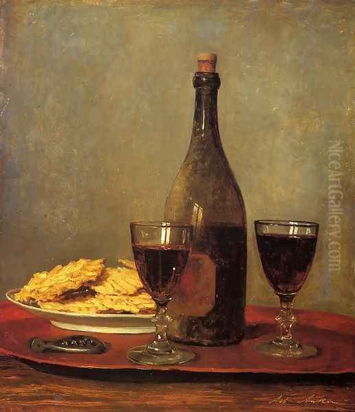 Still Life: Two Glass of Red Wine, a Bottle of Wine; a Corkscrew and a Plate of Biscuits on a Tray Oil Painting by Albert Anker