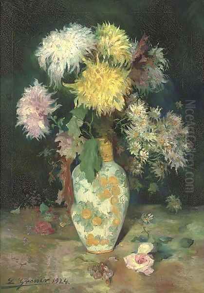 Chrysanthemums and daisies in a ceramic vase Oil Painting by Luis Graner Arrufi