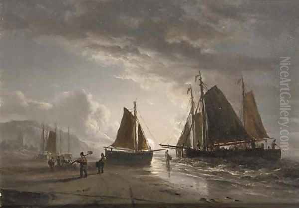 A moonlit beach with fishermen at work Oil Painting by Jacobus Theodorus Abels