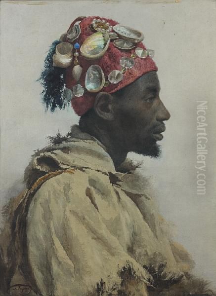 An Arab Man Wearing A Hat Decorated Withshells Oil Painting by Jose Tapiro Y Baro